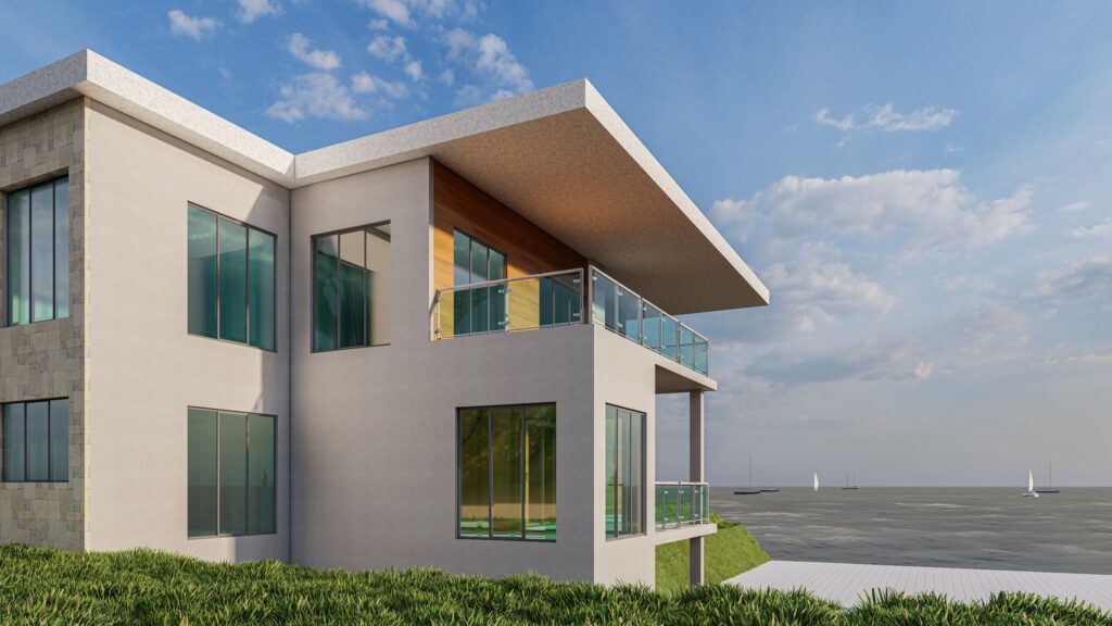 3d building grass and river